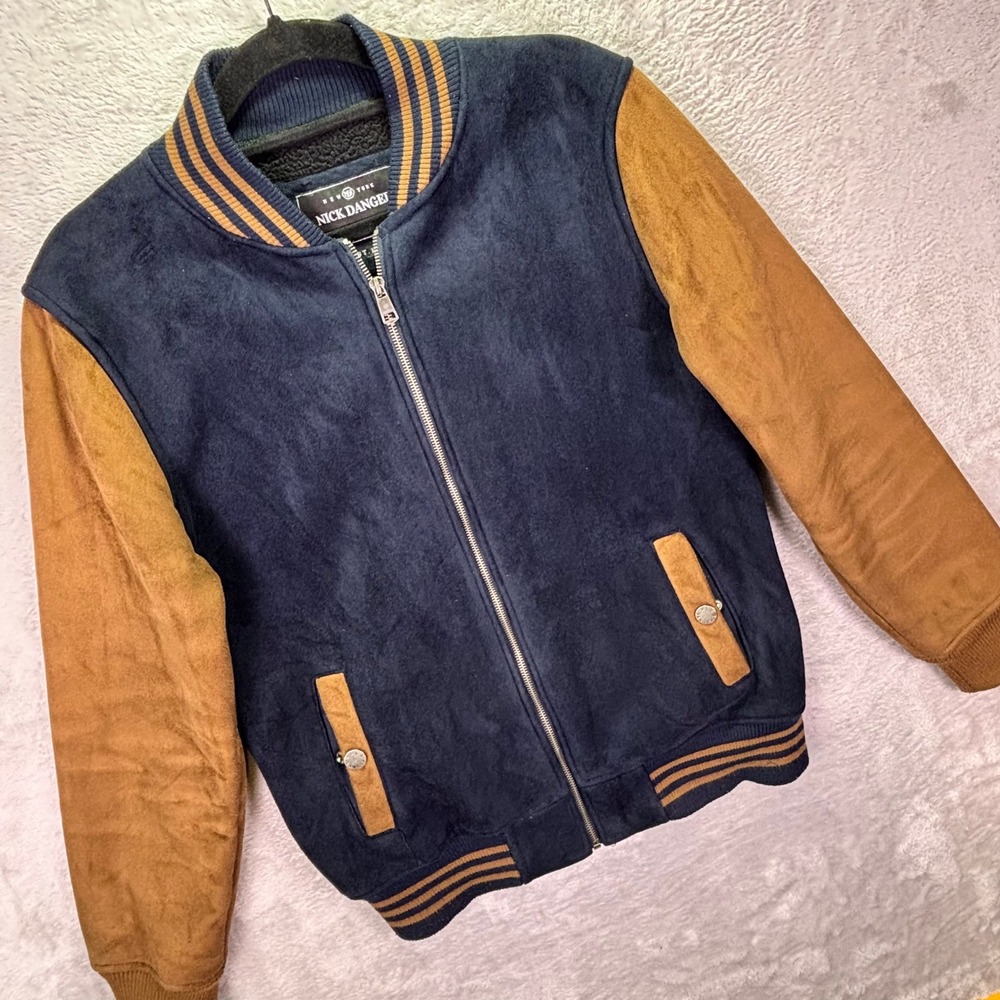 Nick Danger Mens Jacket Sz S Navy Brown Faux Suede Sherpa Lined Varsity Bomber
